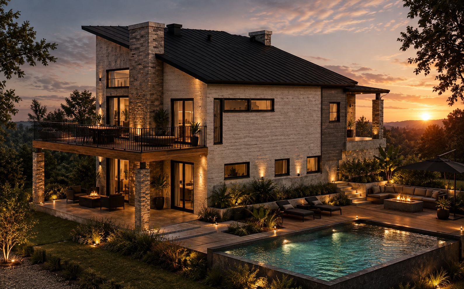 Conceito da área externa com deck e piscina